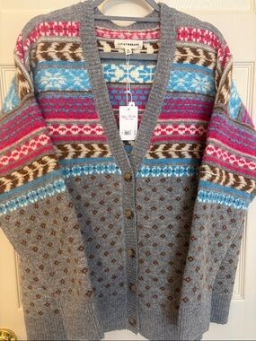 Lucky Brand Gray Cardigan Sweater with Pink, Blue & Brown Fair Isle